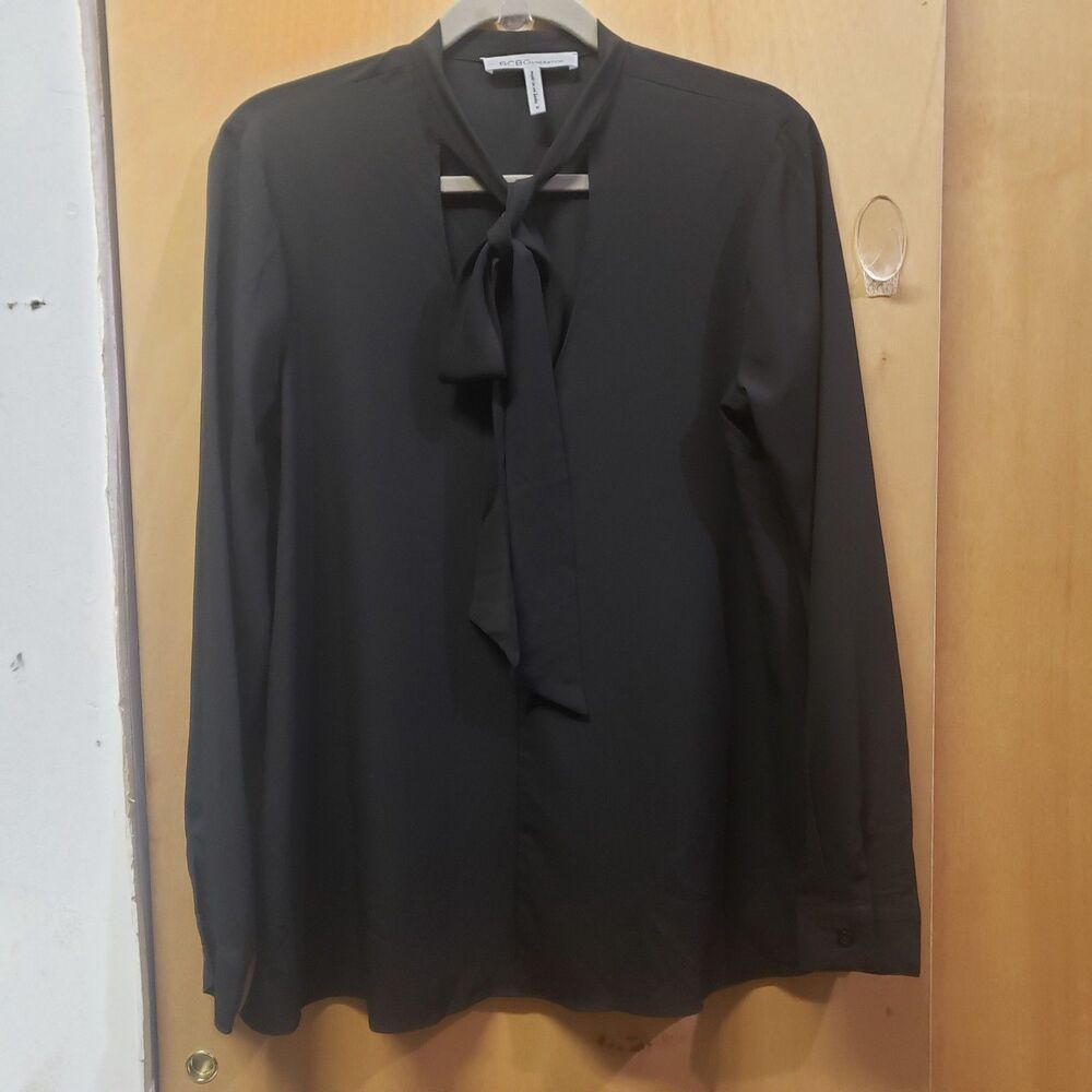 BCBG Bow Blouse w V-neck In Black Sz M shoulder-hem 26.5"pit-pit 20" SSS